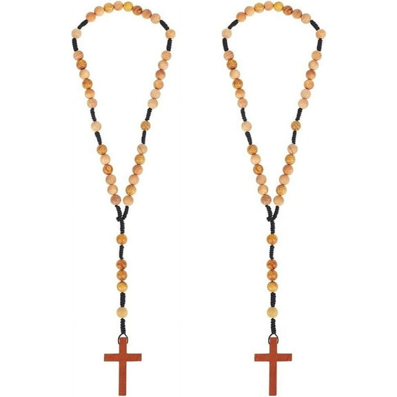 2 Pcs Wooden Rosaries Burlywood Natural Wooden Rosarys Beads Handmade Crucifix Prayer Beads Pendant Necklace Inspirational Prayer Jewelry for Men Women Mixed Color
