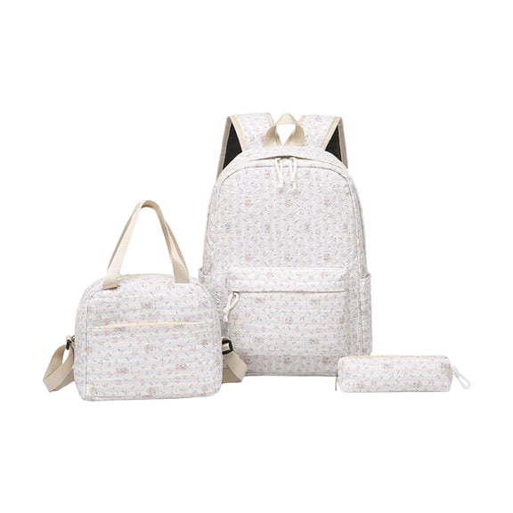 3PCS Girls School Backpack Set with Lunch Bag & Pencil Case, Aesthetic Nylon Laptop Bookbag for Kids Teens, Water Resistant Lightweight Student Daypack for Elementary Middle High School, White