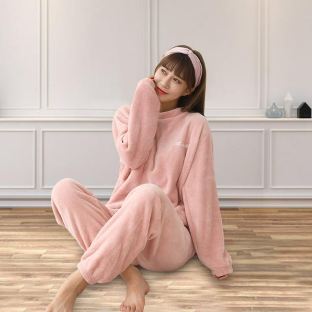 Conjunto de de 2 piezas para mujer camisetas y pantalones de manga larga de lana traje ropa de dormir suave y calida ropa de dormir Rosado Soledad Pijamas de invierno para mujer