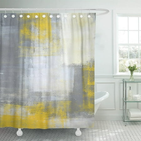 Contemporary Shower Curtains PKNMT Gray Blocks Grey and Yellow Abstract Painting Contemporary Gallery Polyester Shower Curtain 60x72 inches ()