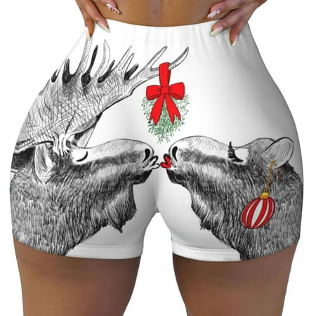 Workout Shorts Women  Funny Christmas Moose Biker Shorts for Women Running Gym Spandex Shorts Tummy Control