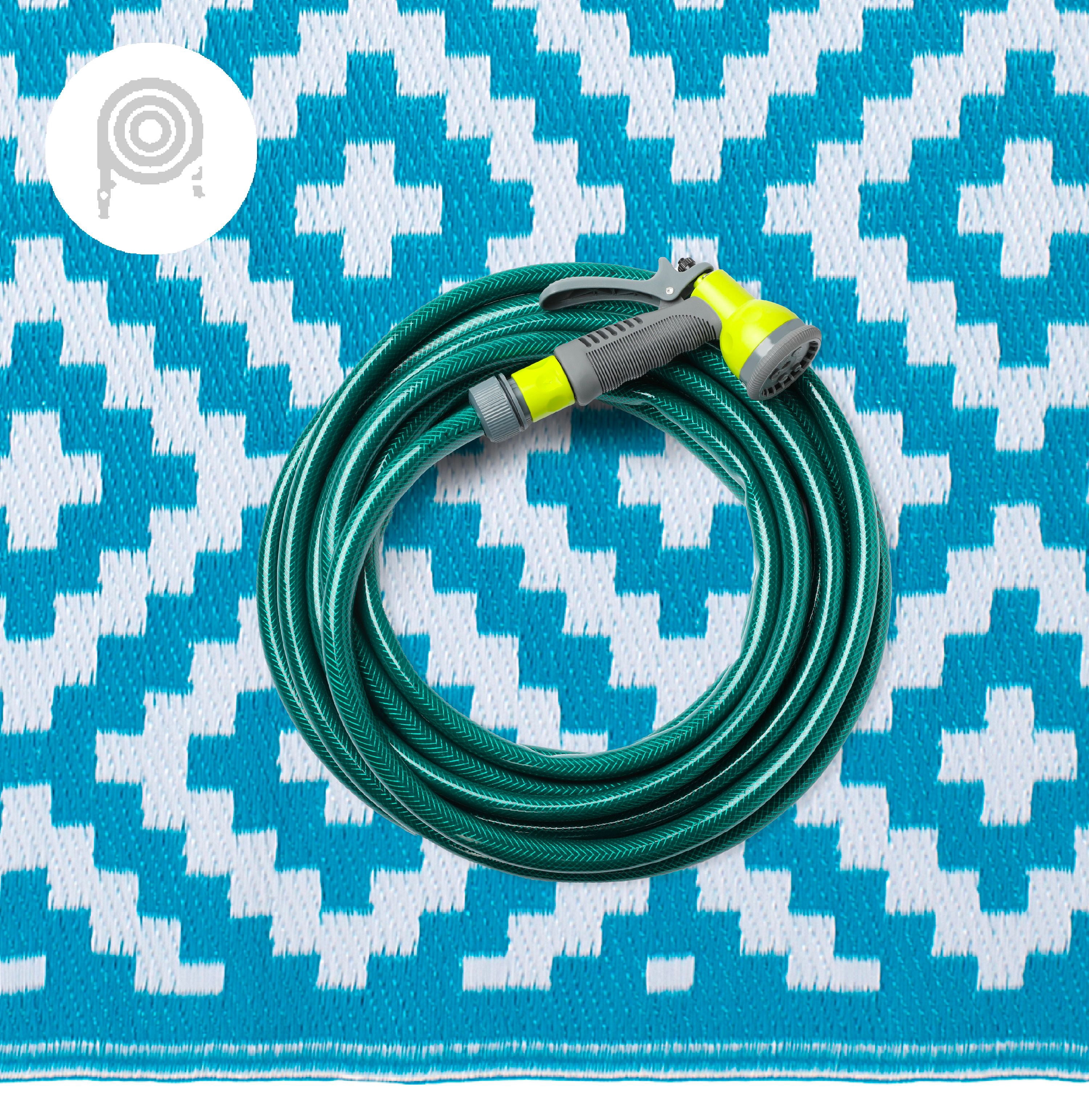 FH Home Outdoor Rug - Waterproof, Fade Resistant, Reversible - Premium Recycled Plastic - Geometric - Large Patio, Deck, Sunroom, RV, Camping - Aztec - Teal & White - 9 x 12 ft Foldable
