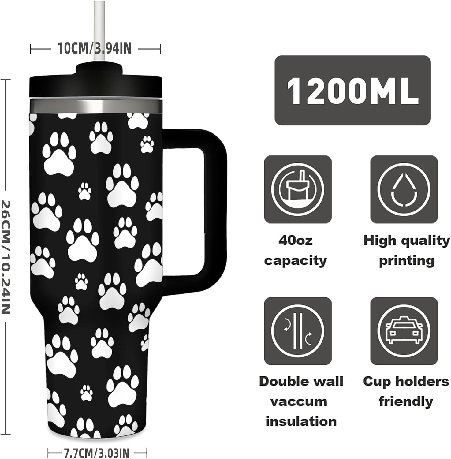 Dog Paw Prints 40 Oz (1200 ml) Insulated Coffee Tumbler with Black Handle, Cute Reusable Stainless Steel Travel Mug Cup with Straw Lid for Women Men Party Birthday Gifts