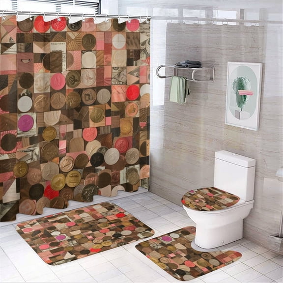 4 Pcs Shower Curtain Sets with Non-Slip Rugs Toilet Lid Cover And Bath Mat Coins Theme Waterproof Shower Curtain Dollar Bills for Bathroom Decor Set