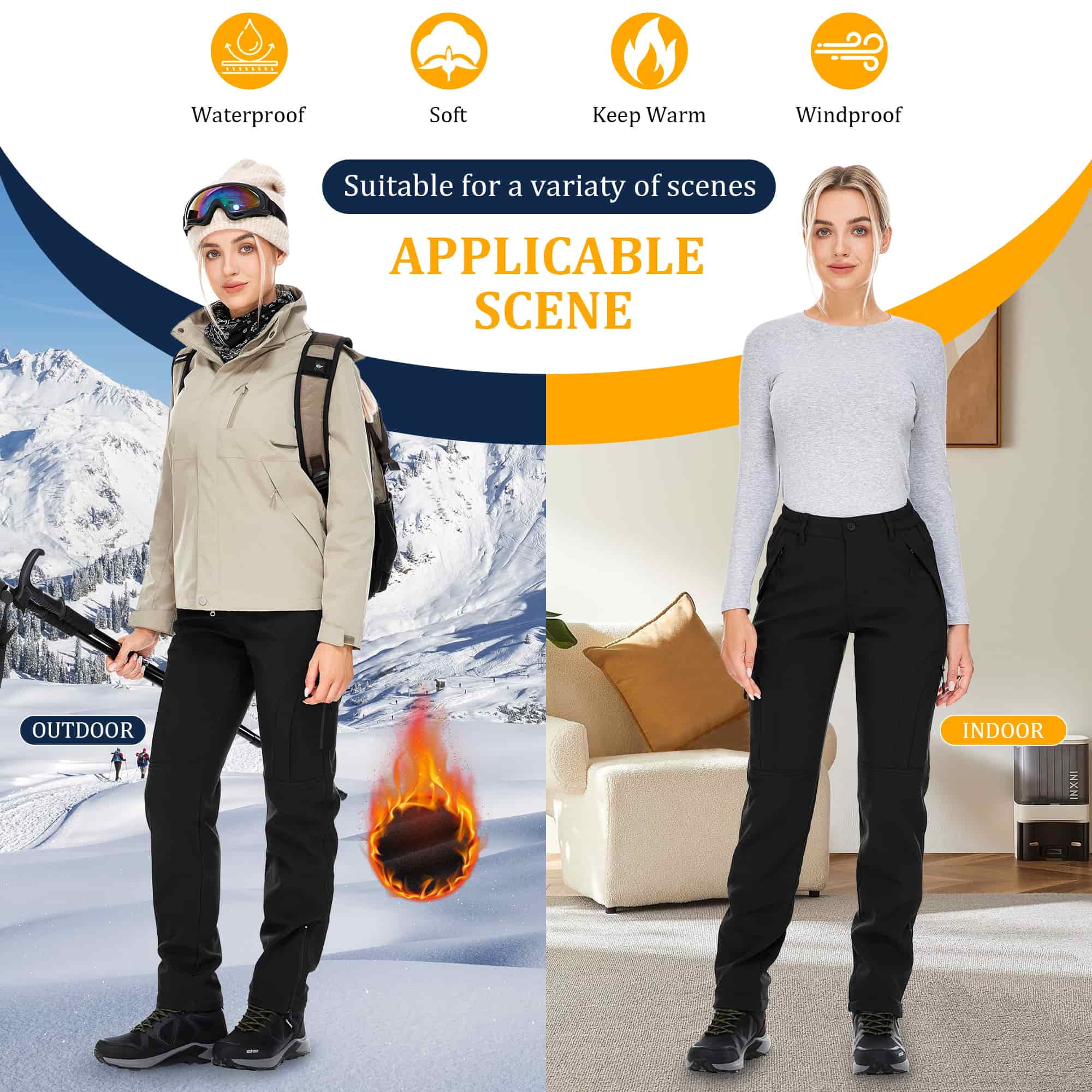FEN AI Women's Fleece Lined Snow Pants Water Repellent Insulated Softshell Pants Outdoor Snow Ski Pant Winter Warm Hiking Trousers Black