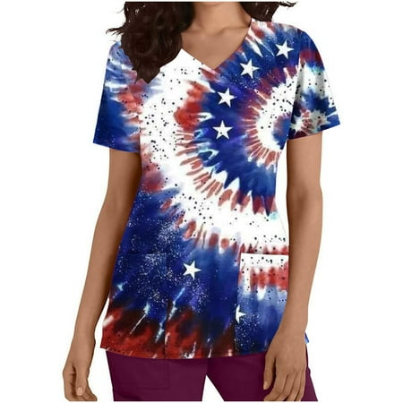 

abcnature Co.Ltd 4Th of July Scrubs Tops for Women American Flag Printed Short Sleeve Workwear T Shirts Holiday Patriotic V-Neck Uniform Blouse with Pockets