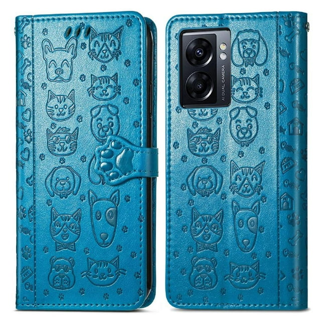 Funda Cartera FOXDOCK para OPPO A77 , Flip PU con Relieve de Gatos y Perros, Tarjetero y Soporte