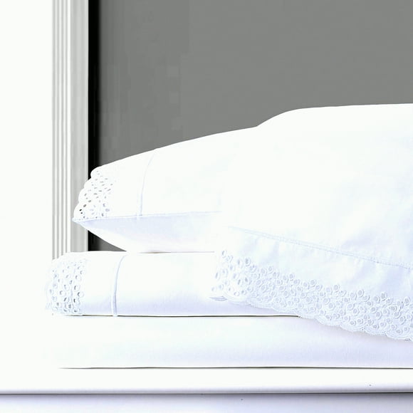 CoolCotton Lace Queen Sheets Set - White Percale Deep Pocket Embroidered Bedding for Hot Sleepers - Crisp Breathable Luxury Linens