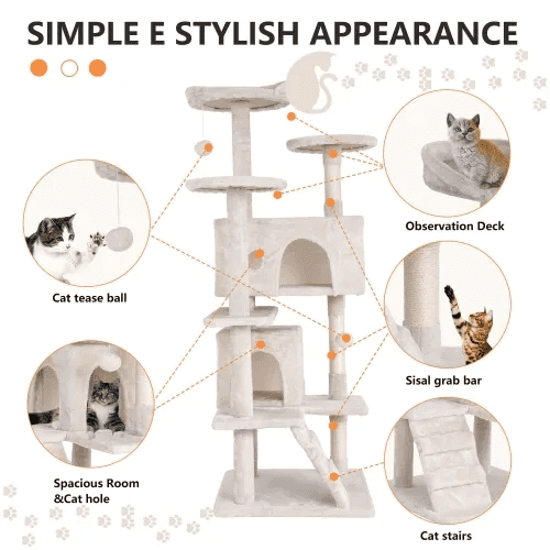 BORGEBY 54in Cat Tree Tower for Indoor Cats，Multi-Level Pet Furniture with Sisal Scratching Post, Large Cozy Condo, Climbing Ramp, Kitten Toy（Beige）
