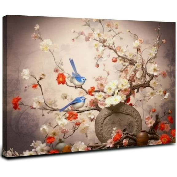 ONETECH Vintage Traditional Chinese Flower Full Moon Canvas Wall Art For Bedroom,Blue Bird On Blossom Branch Decor,Exquisite Oriental Floral Landscape Painting,Bracket Ready To Hang 20x16inch