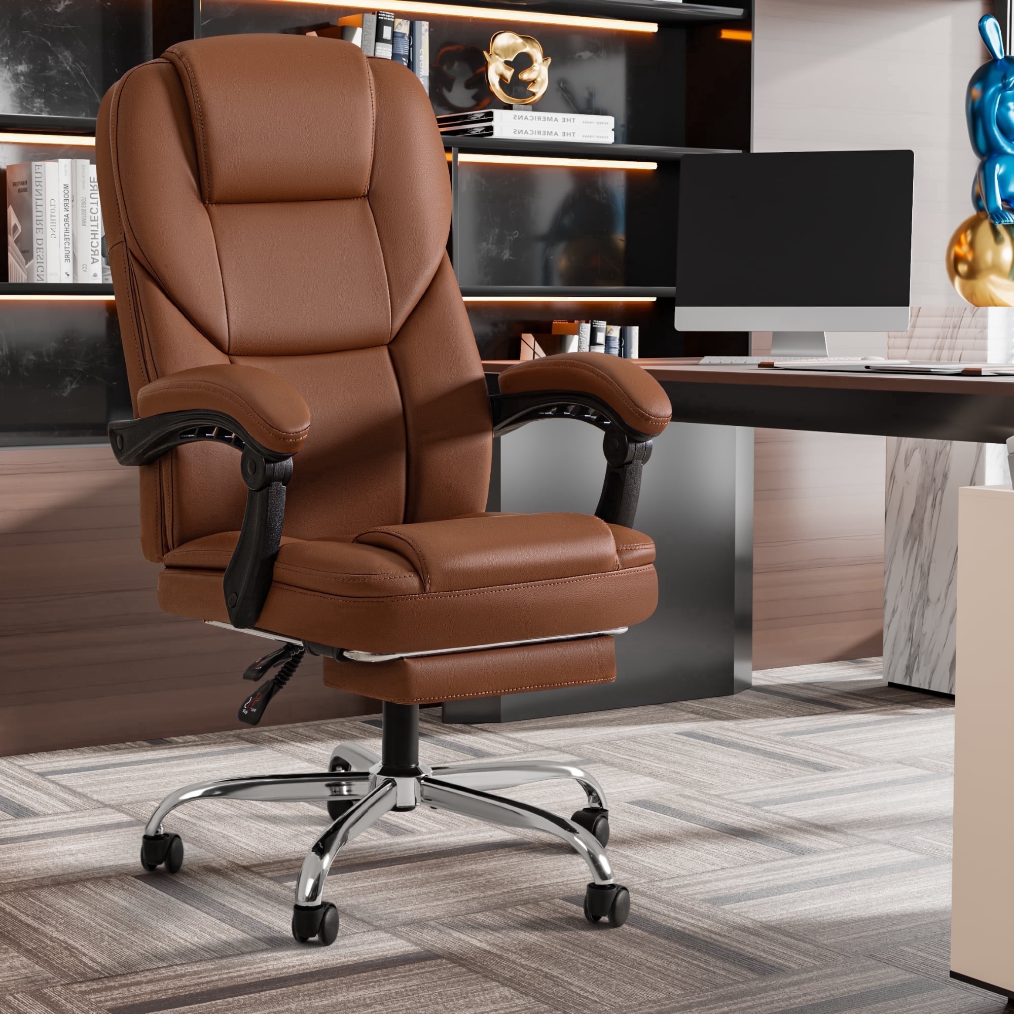 Furmax Reclining Massage Computer Chair Ergonomic Executive Office Chair Height Adjustable Leather Chair With Armsrests,Brown