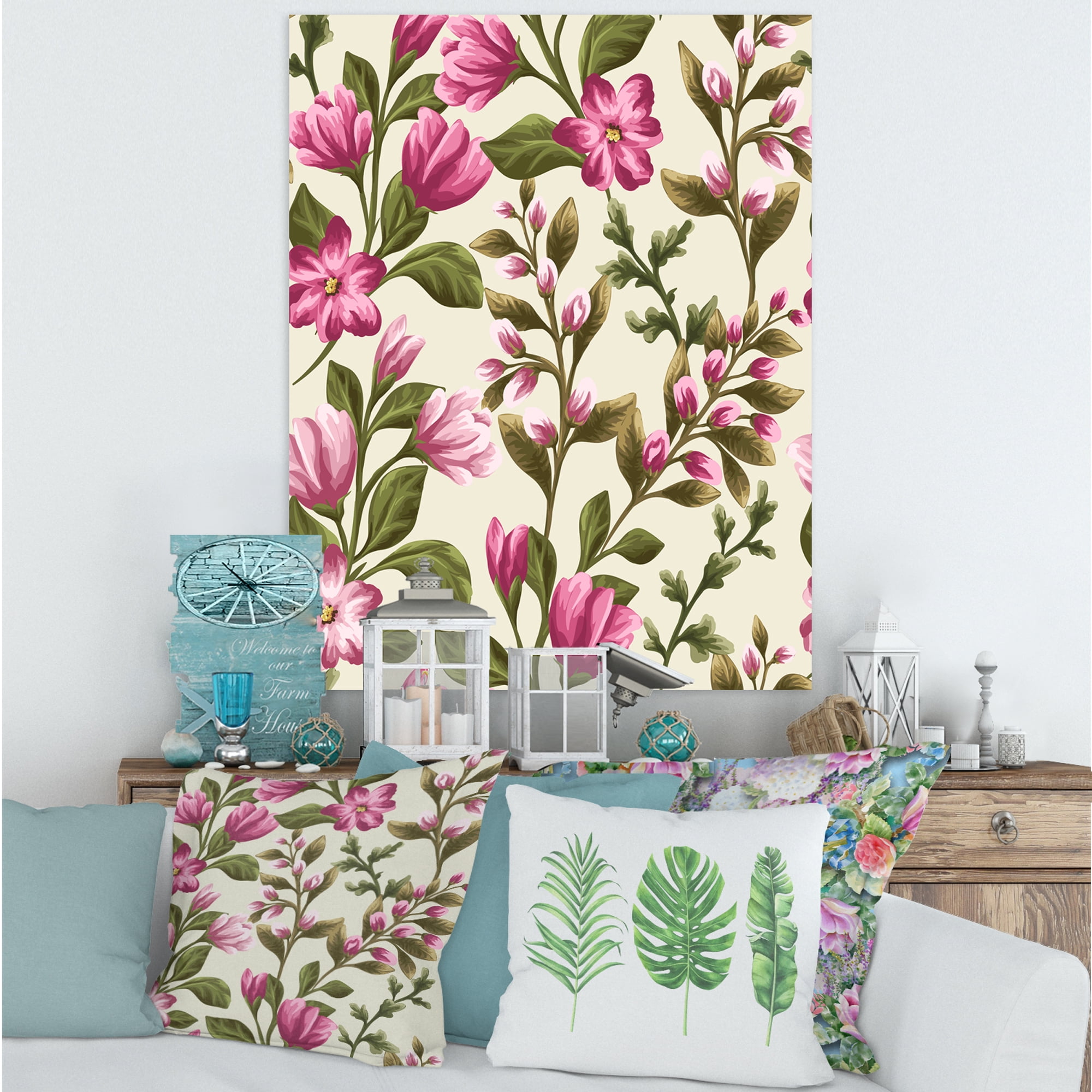 Designart ' Pink Vintage Wildflowers ' Traditional Canvas Wall Art Print