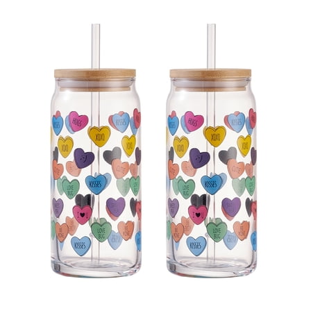 Mainstays Glass 20 oz Can Sipper Colorful Heart Conversation, 2 Pack