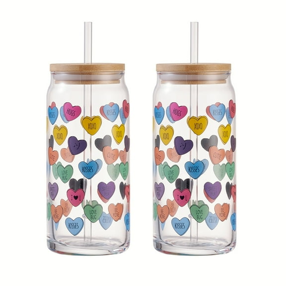 Mainstays Glass 20 oz Can Sipper Colorful Heart Conversation, 2 Pack