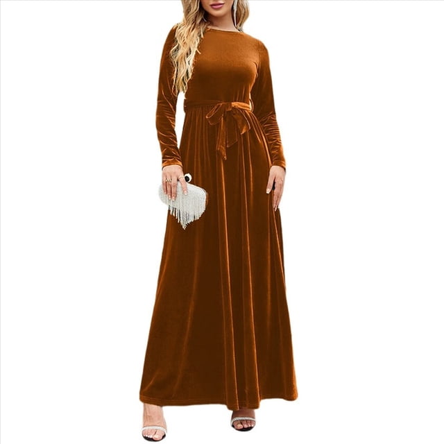 Vestido Elegante de Terciopelo con Cinturón, Plisado, de Larga, para Cóctel, Formal, Boda, Invitada, Corte A Marrón XL