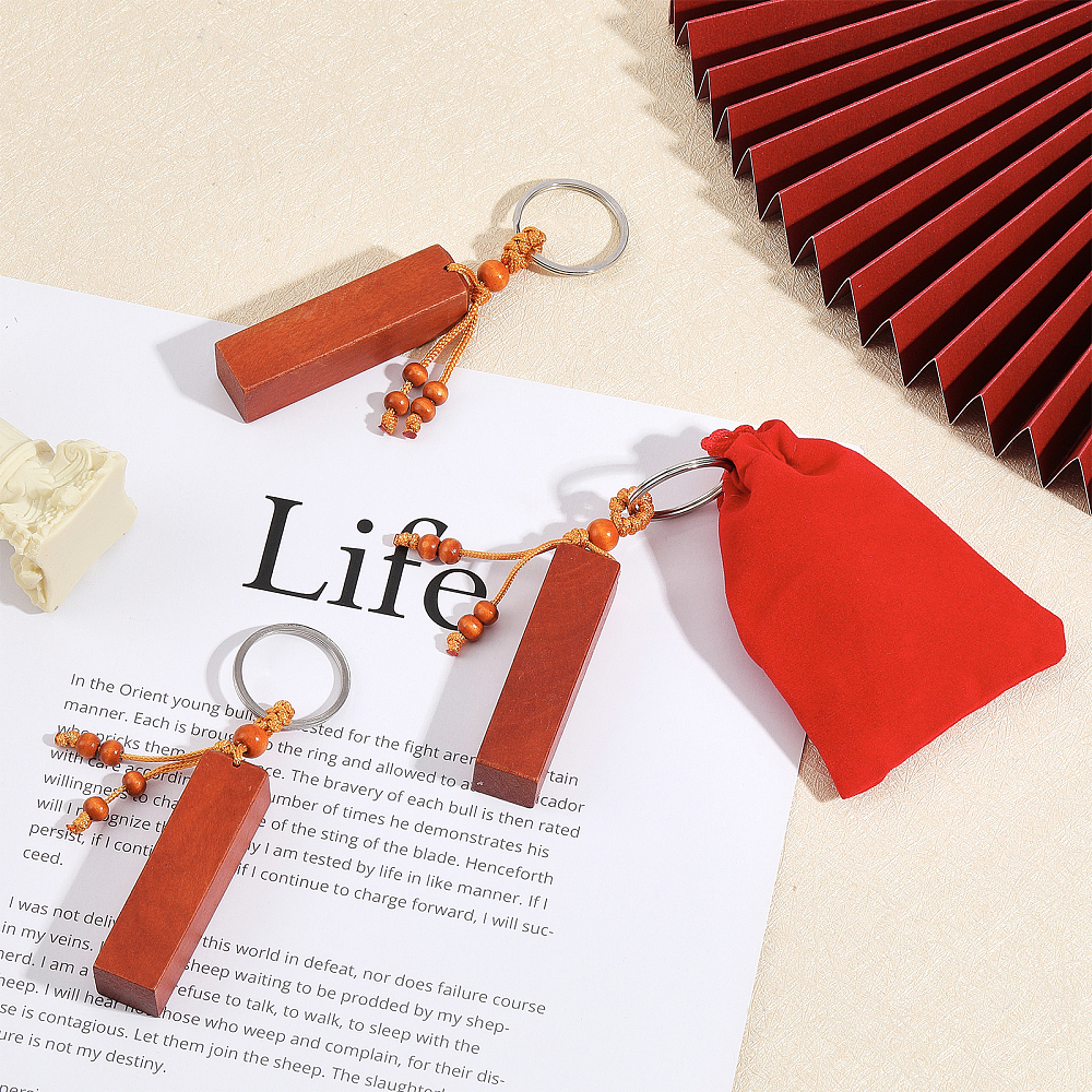 26pcs Iron Key Ring Keychain with Peach Wood and Polyester Cord Saddle Brown 11cm