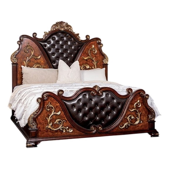Iliana Queen Bed-Dark Cherry Brown-Black Faux Leather-Gold Carvings