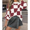 thumbnail image 4 of Women's Fall Fashion Roll-Neck Long Sleeve Plaid Ribbed Knit Loose Pullover Sweater Tops Burgundy Checkered XXXL, 4 of 9