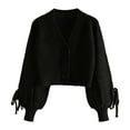 thumbnail image 4 of Wang6 Womens Chunky Cropped Cardigan Sweaters White Fall Open Front Button Knit Sweater Long Sleeve Knitted Tops Causal V Neck Loose Lantern Sleeves Outwear Black One Size, 4 of 4