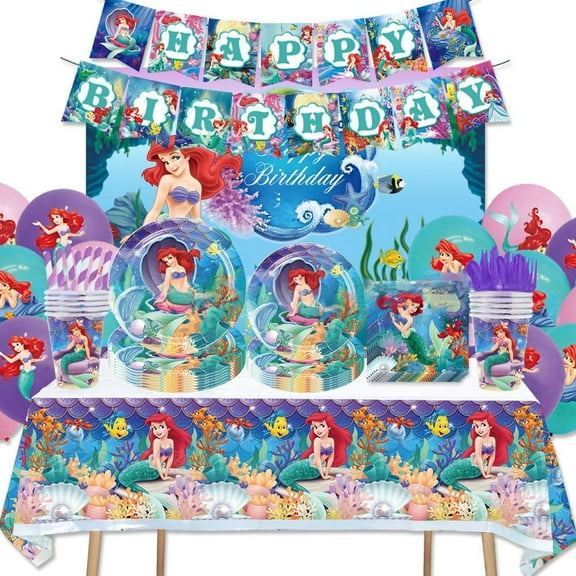 Ariel Birthday Party Supplies, Ariel Party Decorations Set - Mermaid princess Birthday Decoration Banner and Mermaid princess Balloon and Ariel birthday back wall decoration
