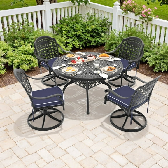 Hzzkey 5-Piece Round Cast Aluminum Patio Set with Swivel Chairs,Blue Cushions,and Umbrella Hole