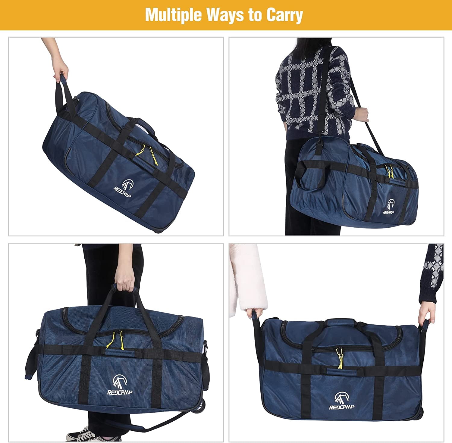 REDCAMP 85L Foldable Duffle Bag with Wheels 26", 1680D Oxford Collapsible Large Duffel Bag with Rollers for Camping Travel Gear, Navy