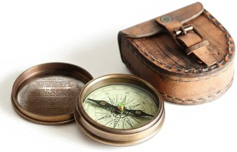 WLIKKS Antiqued Brass Poem Compass with Leather Case