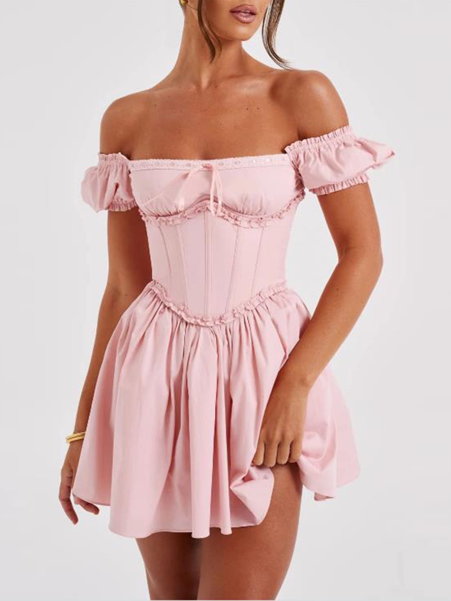 white christmas dresses Pink Corset Gown With Long Sleeves – Shimmi Dresses main image 0