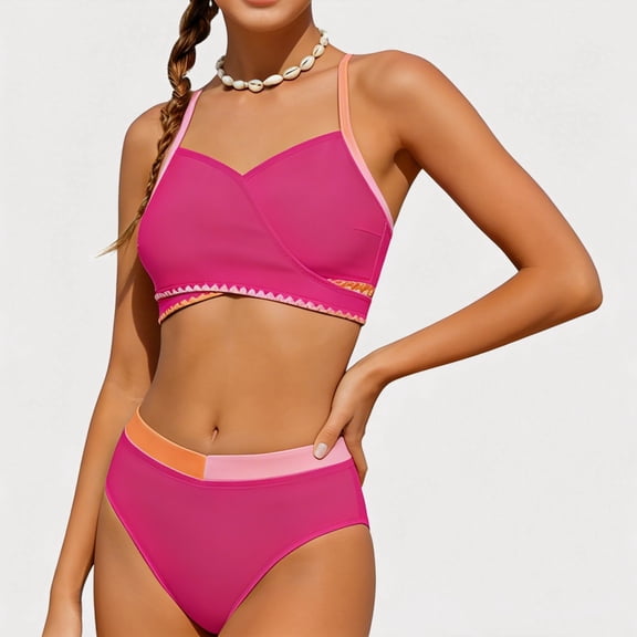 Gyujnb Color Block Two-Piece Bikini Swimwear with Adjustable Straps and Details (Big Girls),13-14 Years
