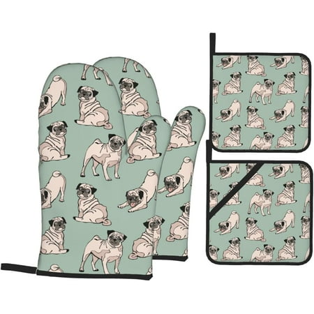 

Cute Pug Dogs Oven Mitts and Pot Holders 4 Pcs Set Oven Glove and Potholder Suitable for Barbecues Baking Cooking Microwave