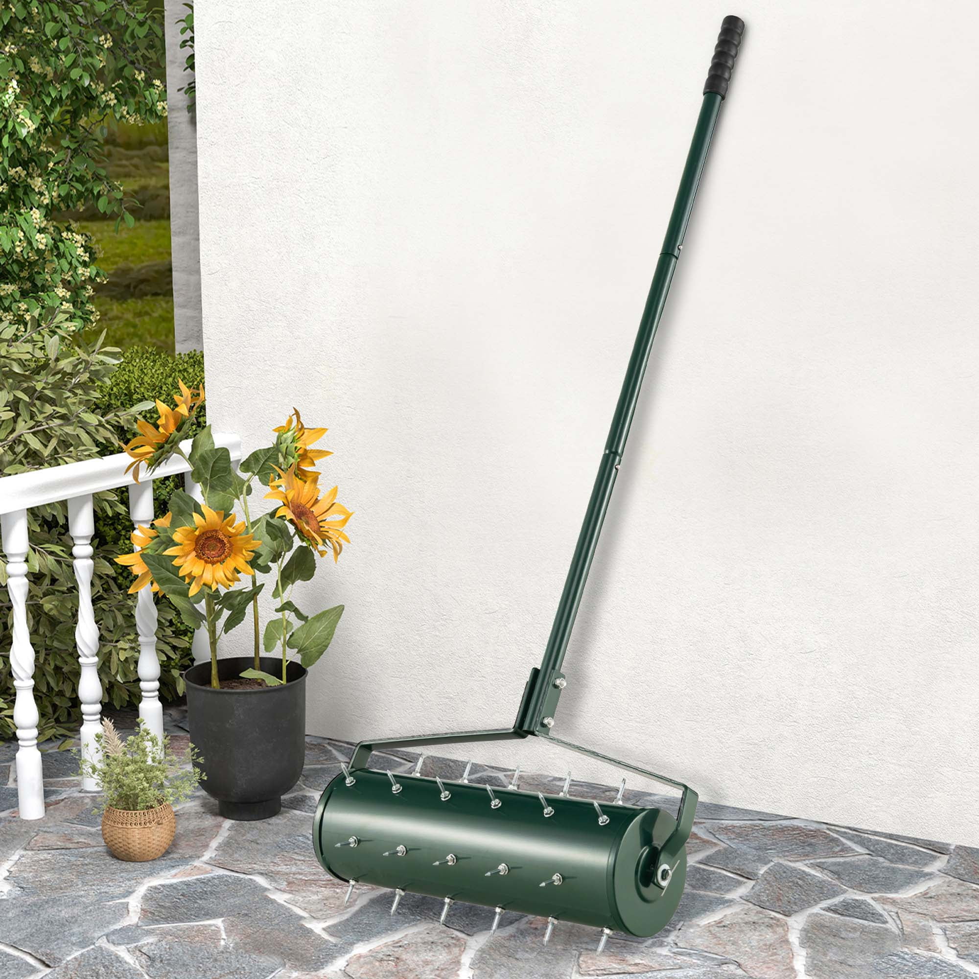 Costway 21" Manual Lawn Aerator Heavy Duty Rolling Push Grass Aeration Tool with Handle Filled with Sand or Stone Green
