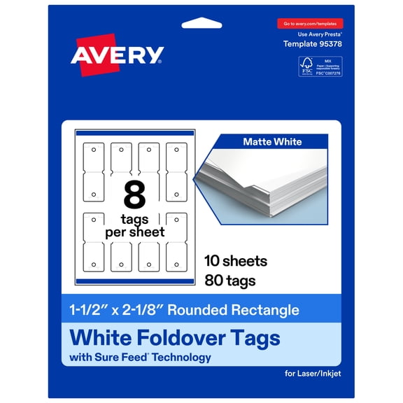 Avery Rounded Foldover Tags, 1-1/2" x 2-1/8", Matte White, 80 Total