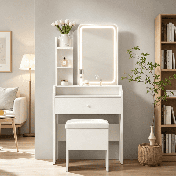 Compact Makeup Vanity Table with 3 Color LED Light Mirror, Drawer & Open Shelves Storage, Multifunctional Small Dressing Table with Charging Station for Bedroom Girls Elegant Curved Dresser