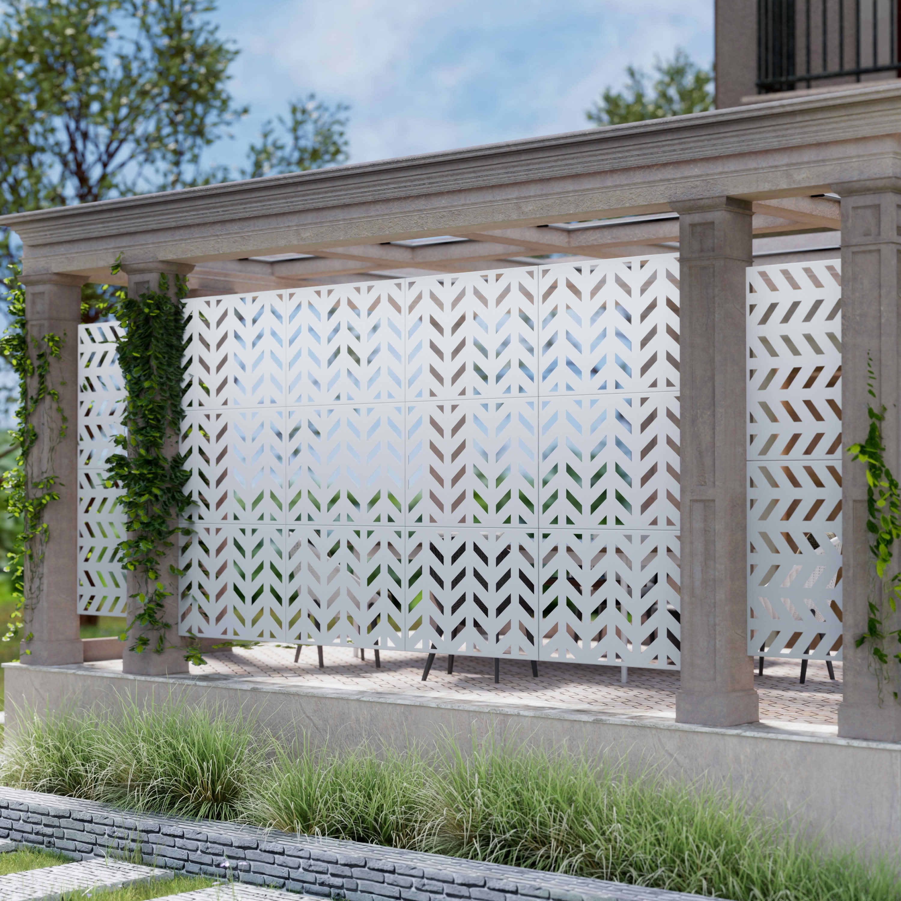 MAYEERTY 72x35x16 Inch White Fishbone Galvanized Steel Privacy Screen for Outdoor Street