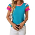 thumbnail image 3 of Women's Short Sleeve Color Block Tops Crewneck Pullover Sweater Knit Clothes Top for Casual Beach Vacation Blue S, 3 of 9
