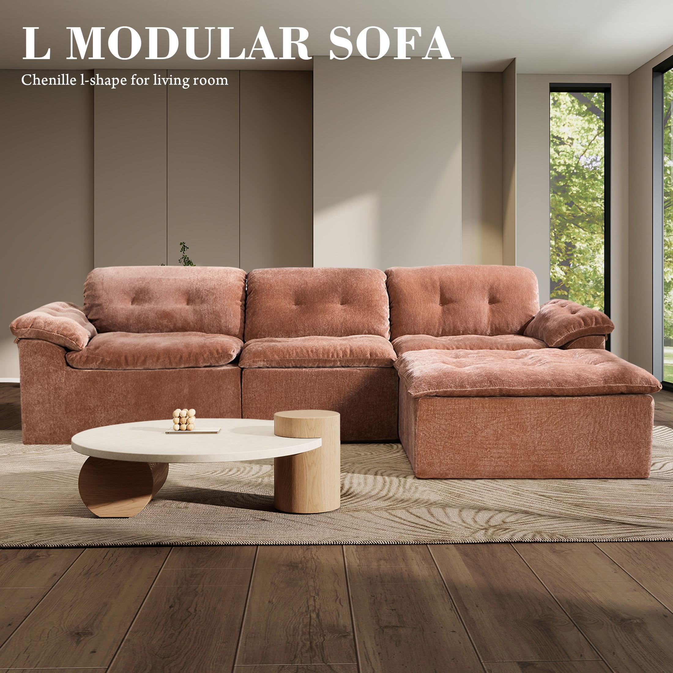Aukfa 4-Piece L-Shaped Modular Sectional Sofa with Ottoman for Living Room, Ice Flower Chenille, Terracotta
