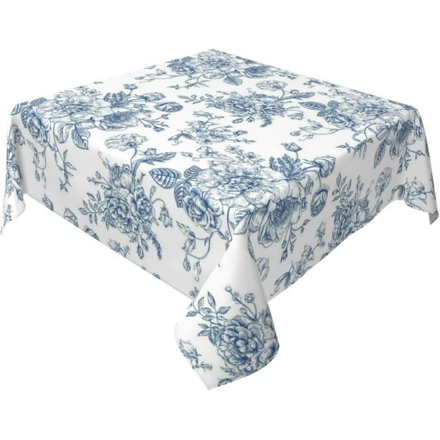Blue Floral Tablecloth Square 54 Inch Vintage Chinoiserie Blue Table Cloth Polyester Fabric Spring Summer Flowers Farmhouse Table Cover for Kitchen Party Picnic Outdoor Decor