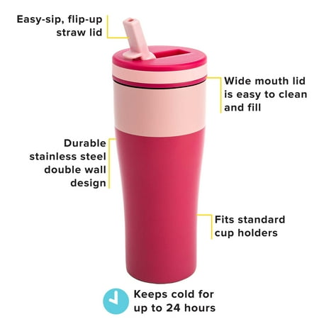 Tasty Double Wall Stainless Steel Insulated Tumbler with Built-In Straw Lid, 20 Ounce, Pink/Dark Pink