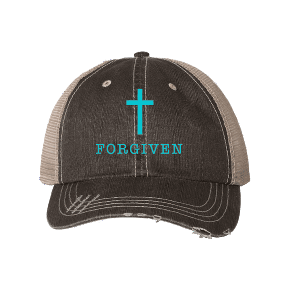 Women's Embroidered Christian Forgiven Cross Baseball cap, Brown and Tan/Aqua Embroidery