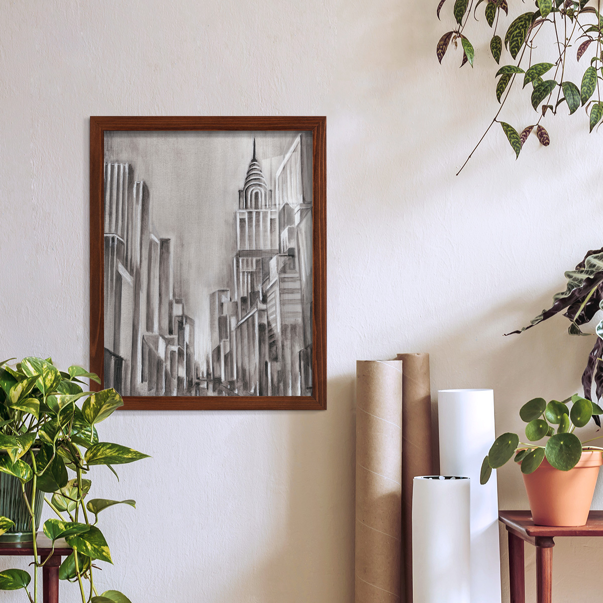 Art Deco Cityscape I -Framed Print w/glass-Chestnut