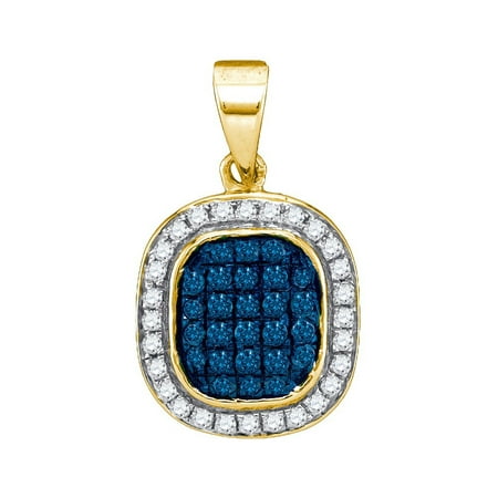 - 10kt Yellow Gold Womens Round Blue Color Enhanced Diamond Oval Cluster Pendant 1/4 Cttw