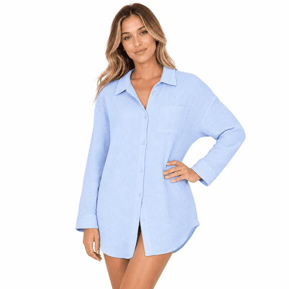 Womens Blue Gauze Swim Cover Up Shirtdress Medium Button Front Lightweight