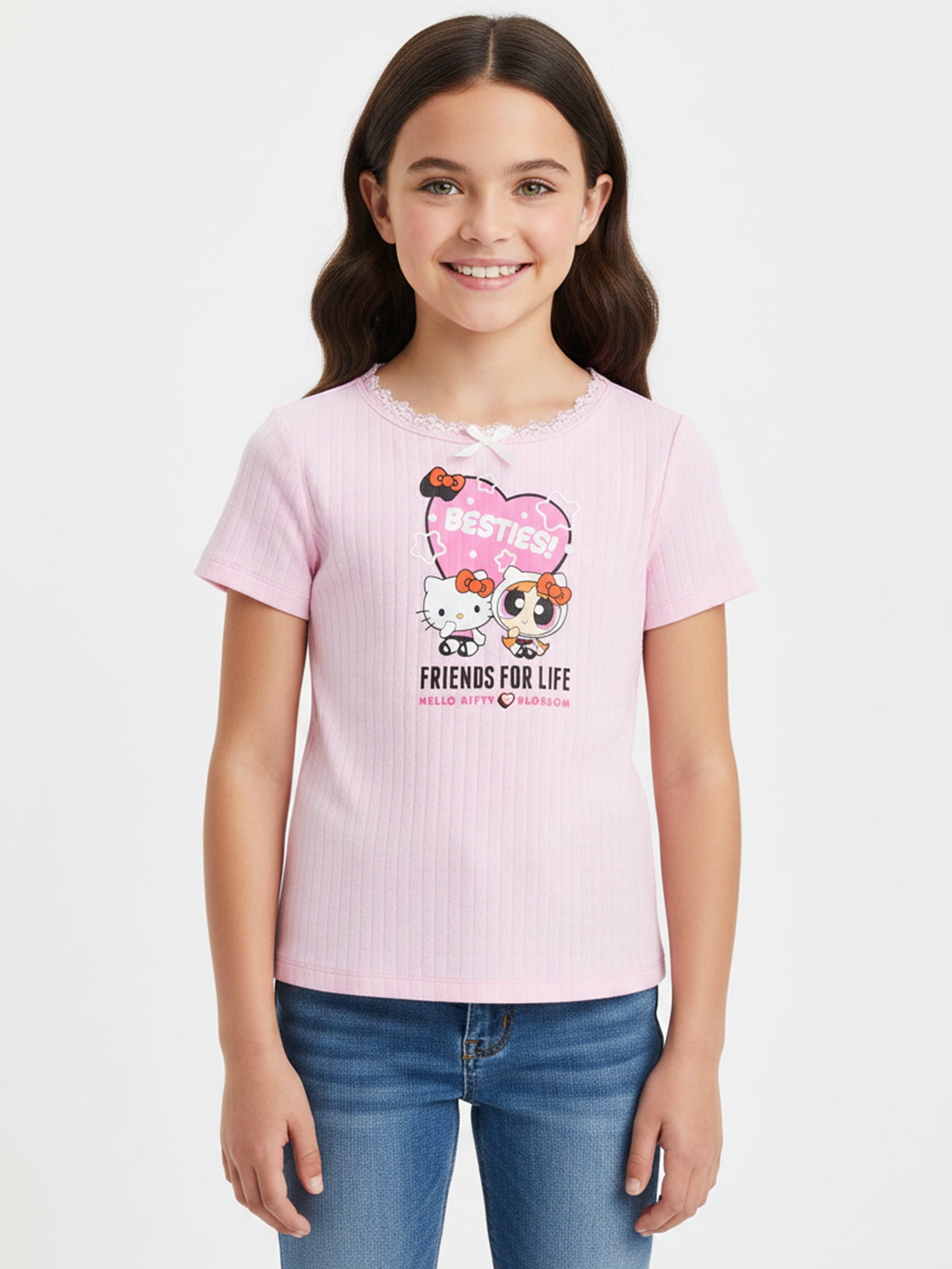 The Powerpuff Girls x Hello Kitty Besties for Life Girl’s Graphic Pointelle Knit Crewneck Tee with Short Sleeves, Sizes 4-16