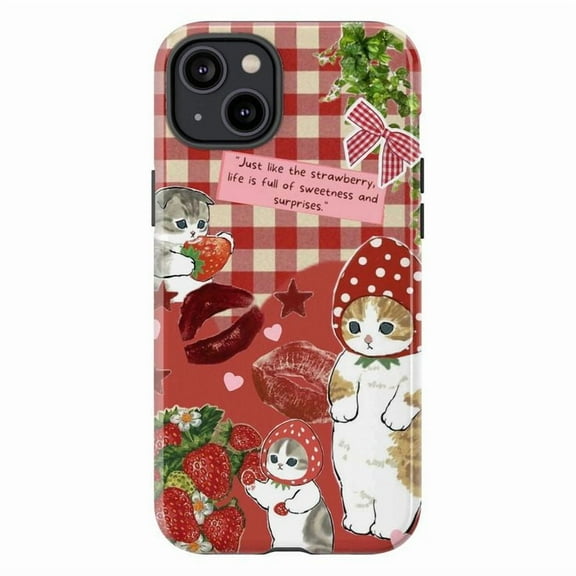 Strawberry Cat Gingham Phone Case, Kawaii Kitty iPhone Cover with Quote and Fruit Design, Cute Red Aesthetic Protective Case for iPhone 16 15 14 13 12 11 Plus Pro Max Mini