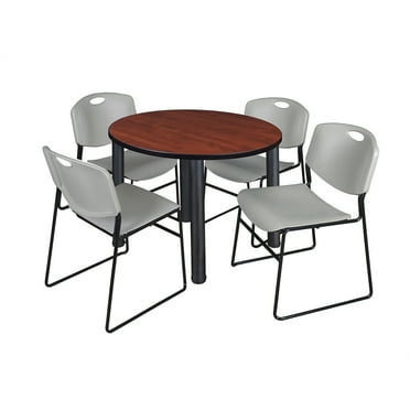 Belen Kox Kee 36" Round Breakroom Table- Cherry/ Black & 4 Zeng Stack Chairs- Grey