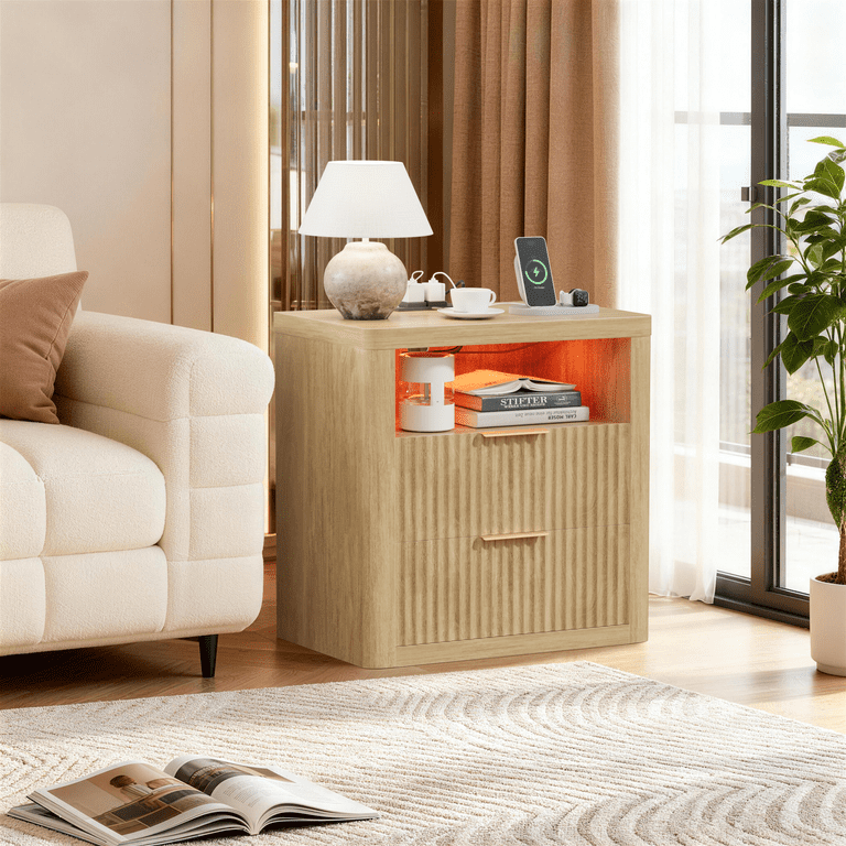 Homall Nightstand with Charging Station & LED Lights, Heavy-Duty Modern End Table with 2 Drawers, Bedside Table for Bedroom, Living Room, Natural