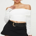 thumbnail image 2 of Folded Neckline Solid Color Cropped Tops with Ruched Long Sleeves for Women, 2 of 7