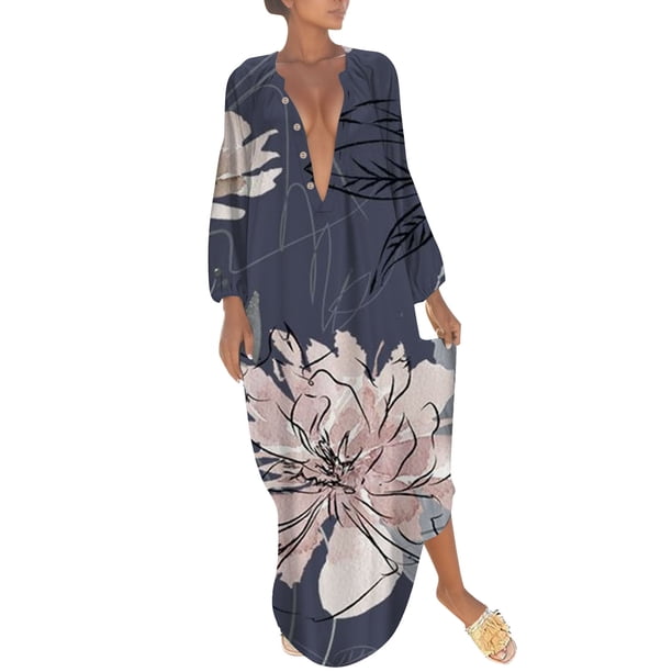 Gibobby Vestido de gasa de verano para mujer Vestido a media pierna con botones y estampado floral de manga larga con cuello en V casual para mujer(Morado,XL)