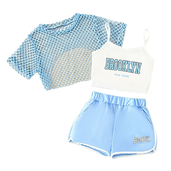 VNKIDY Girls Summer Outfits Sets 3 Piece Outfits Sets Casual Loose Fit Sleeveless Halter Neck Tops Shorts Combo For Outdoor Activities Comfortable Breathable Playwear Cute