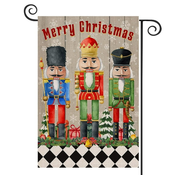 DMERBYL Decorative Merry Christmas Soldier Garden Flag, House Yard Xmas Pine Nutcracker Outside Buffalo Plaid Check Decorations, Winter Farmhouse Outdoor Small Burlap Flag Decor Double Sided 12x18